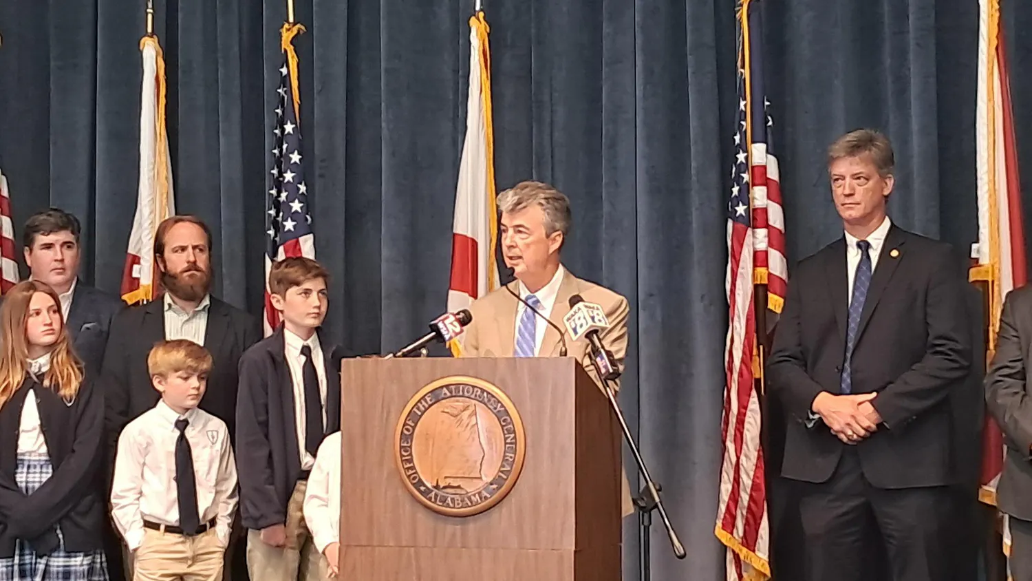 Alabama Attorney General Steve Marshall speaks about the Roblox settlement at a press conference on April 21 in Montgomery, Alabama