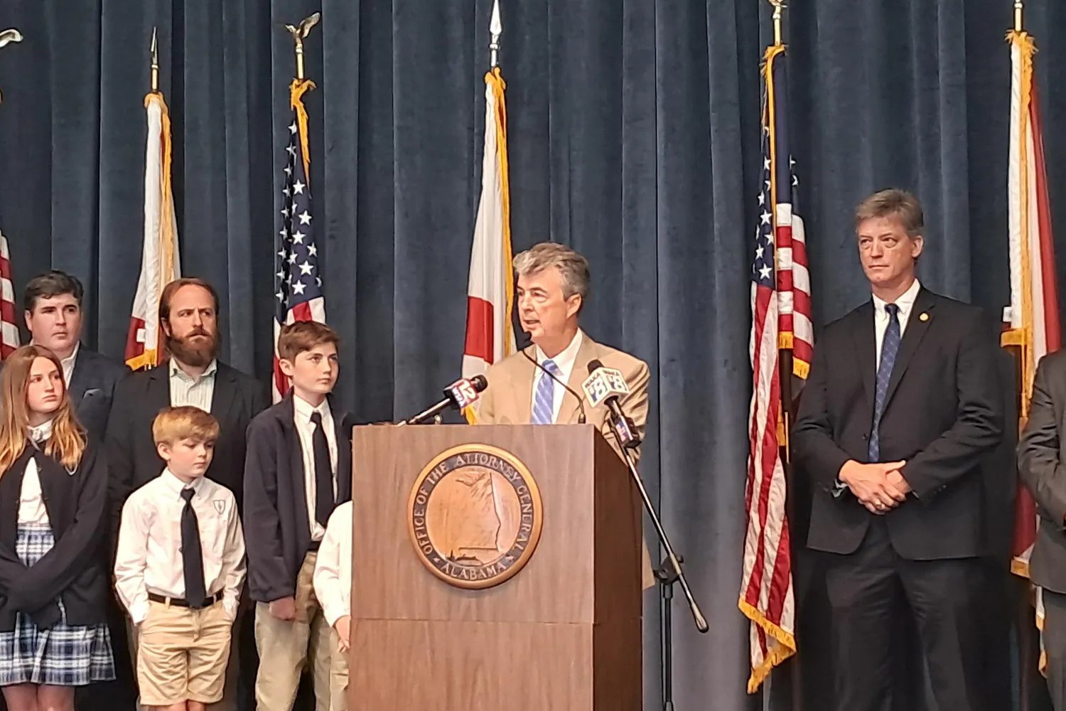 Alabama Attorney General Steve Marshall speaks about the Roblox settlement at a press conference on April 21 in Montgomery, Alabama