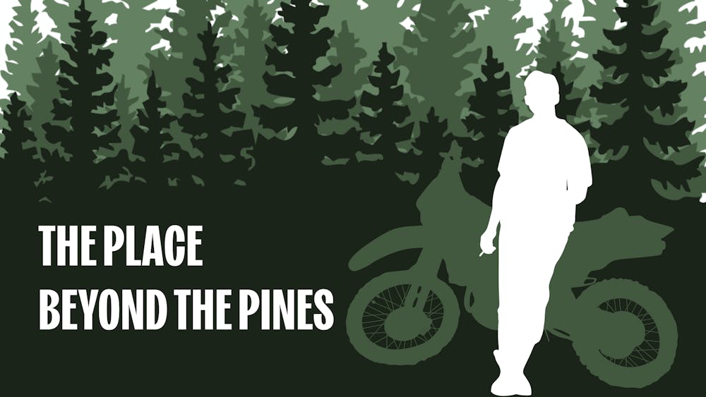 <p>A silhouette of the main character beside a motorcycle in front of forested trees, with text reading "THE PLACE BEYOND THE PINES."</p>