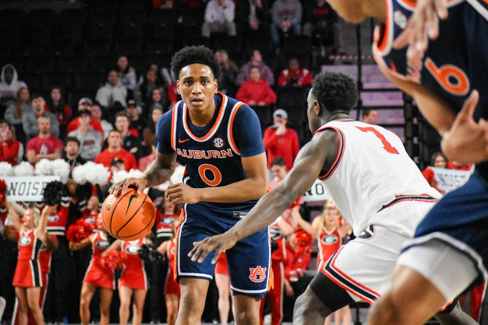 <p>Tahaad Pettiford (0) dribbles ball down the court against UGA in Stageman Coliseum on January 3, 2026.</p>