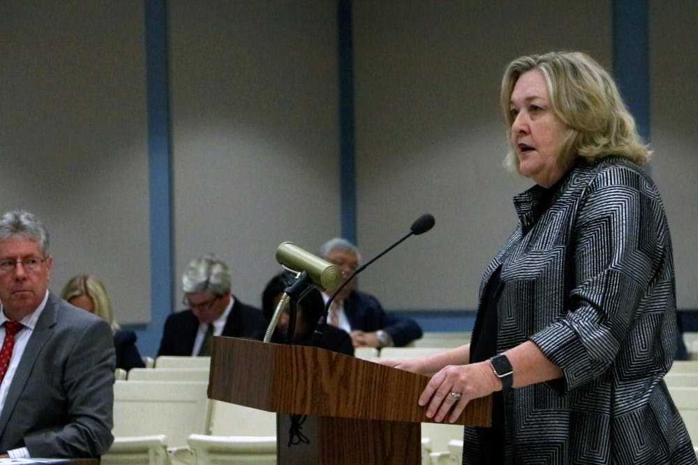 Auburn City Schools Superintendent Karen DeLano briefs City Council on school safety measures on April 17, 2018, in Auburn Ala. (Video still)
