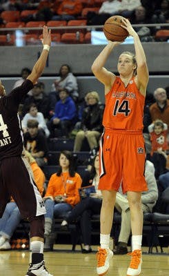 Auburn's Blanche Alverson shoots from the outside over Mississippi State's Kendra Grant during the first half. (Courtesy of AUBURN ATHLETICS)