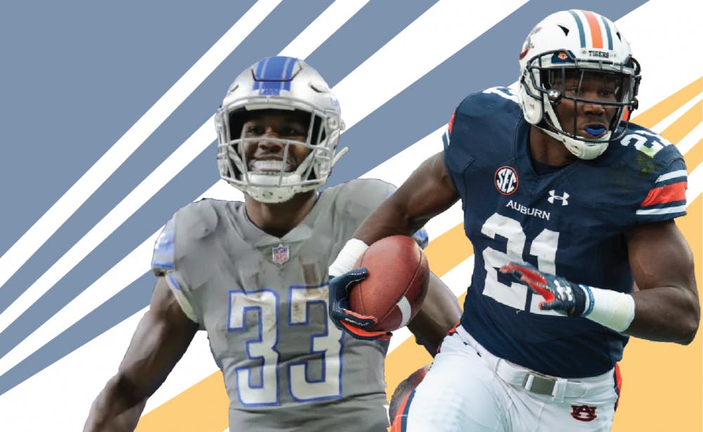 <p>Kerryon Johnson images via DetroitLions.com and Plainsman file photo. Illustration by Chip Brownlee, editor-in-chief and Nathan King, sports editor.</p>
