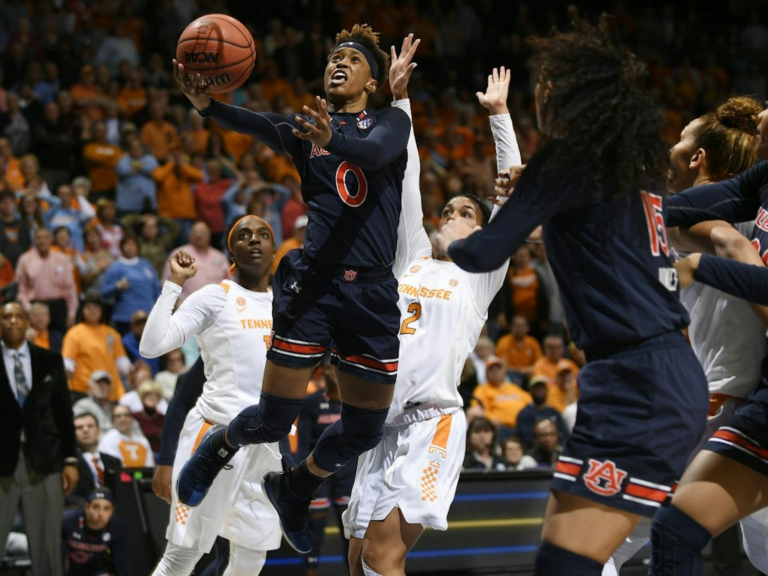 Auburn's Daisa Alexander lays in a basket to tie Tennessee with 11 seconds left to play. Tennessee's Rennis Davis hit a 3-pointer with .5 seconds left to win.
Auburn vs Tennessee
SEC Women's Basketball Tournament on Thursday, March 1, 2018 in Nashville, TN. 
Todd Van Emst/SEC
