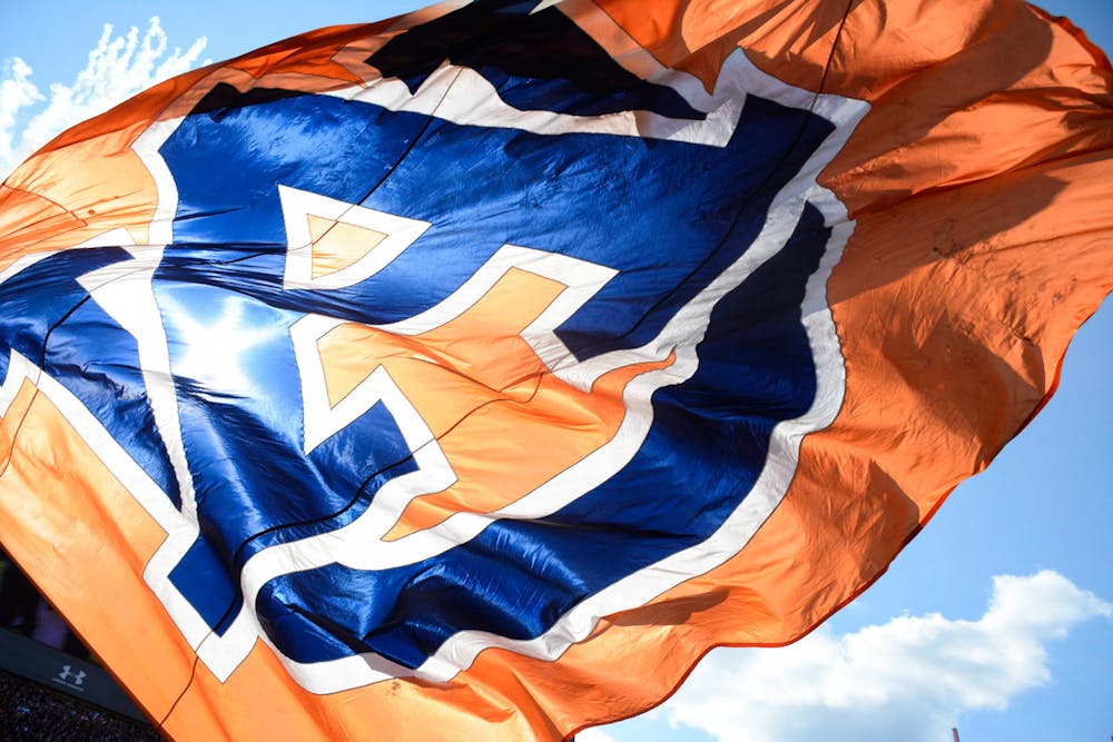 <p>Oct. 9, 2021; Auburn, AL, USA; A flag with the Auburn University logo flies during a football game between Auburn and the University of Georgia at Jordan-Hare Stadium.</p>