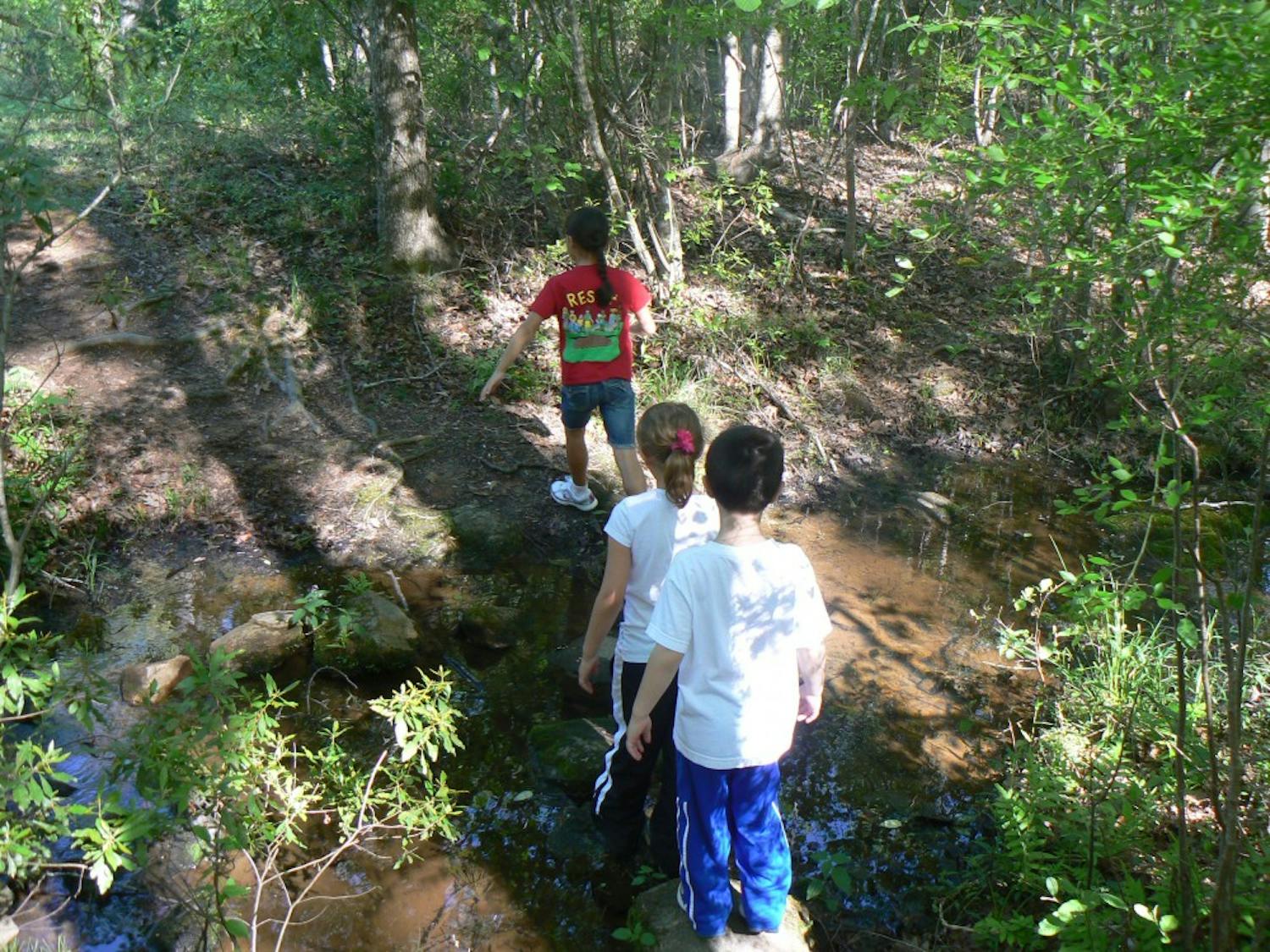 Children cross a creek at the&nbsp;Louise Kreher Forest Ecology Preserve and Nature Center in Auburn, Ala.