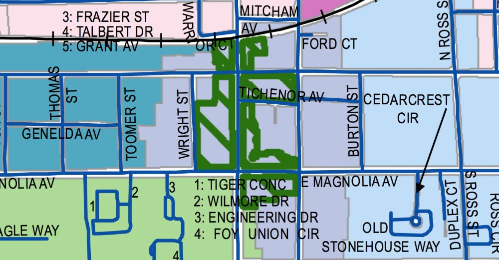 The College Edge Overlay District in Auburn, Ala. CEDO areas&nbsp;are outlined in dark green.