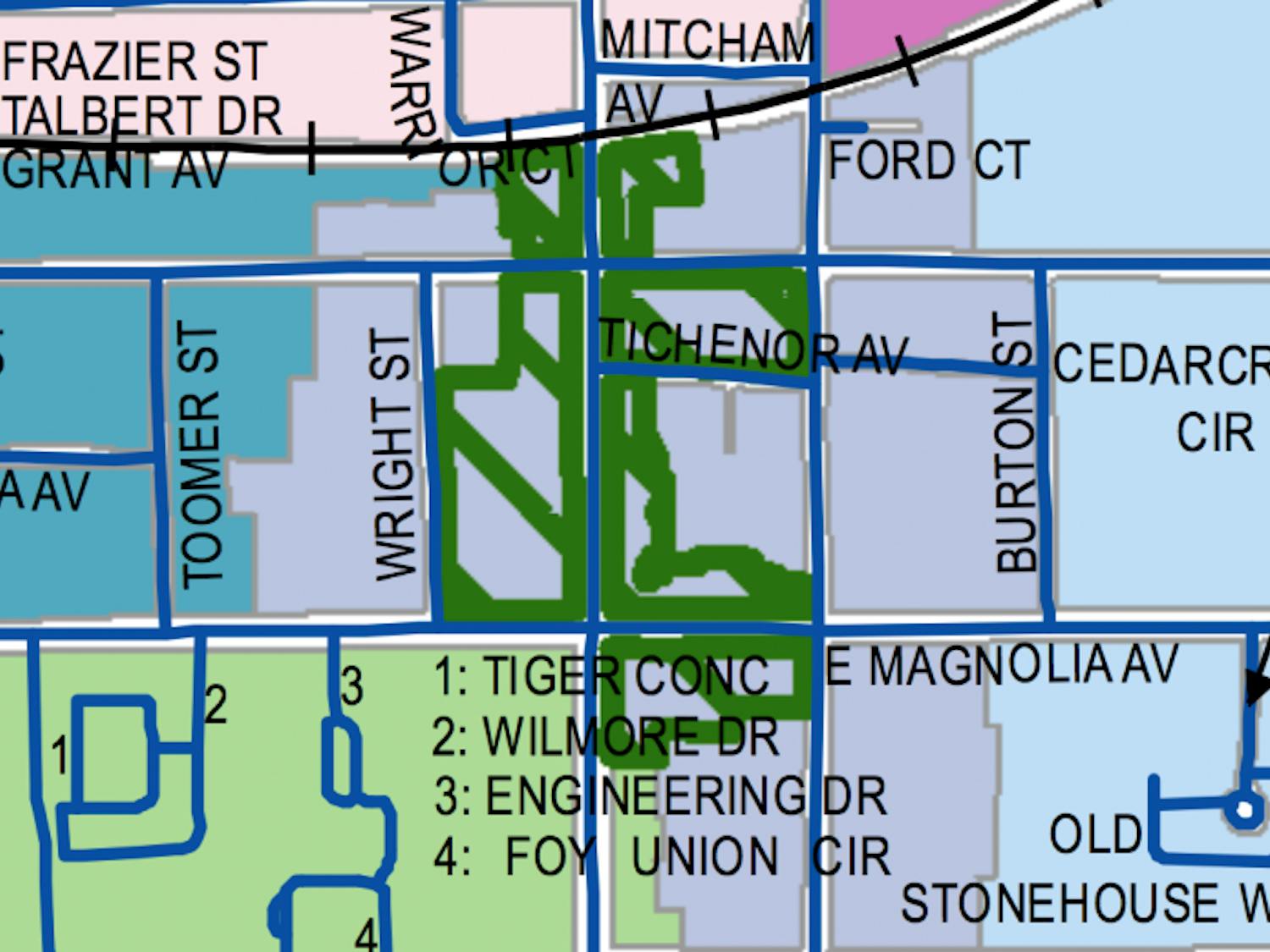 The College Edge Overlay District in Auburn, Ala. CEDO areas&nbsp;are outlined in dark green.