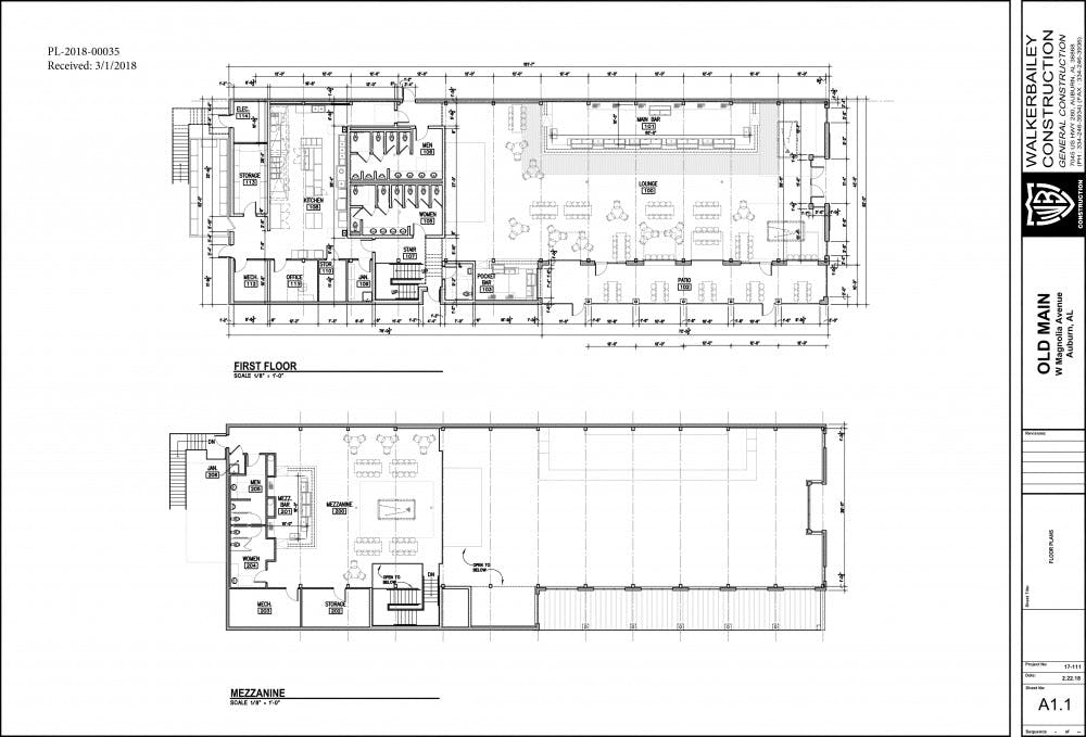 A working floorplan for the Old Main, a lounge to be located on West Magnolia Avenue in Auburn, Ala.