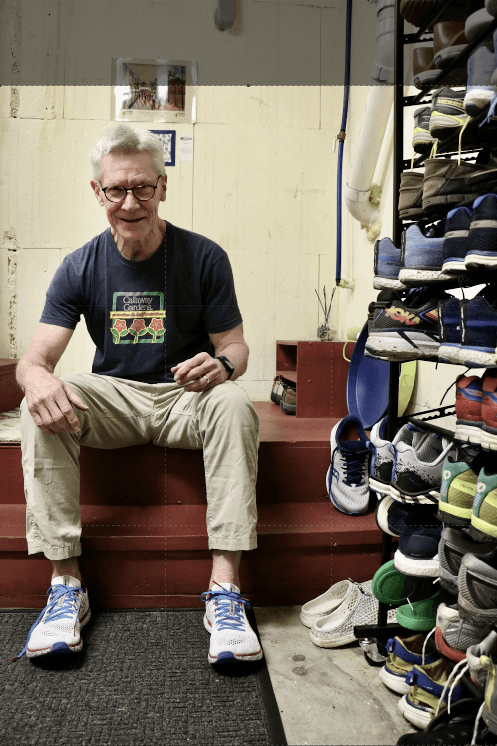 <p>Bob Banks, AORTA's farthest runner in 2019, presents his collection of running shoes on Tuesday, Feb. 25, 2020, in Opelika, Ala.&nbsp;</p>