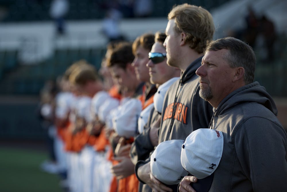 Tigers stand at attention during the national anthem in Auburn Baseball vs. Alabama A&M on Feb. 26, 2020 in Auburn, AL