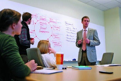From right: SGA President Kirby Turnage, Chief of Staff Abby Basinger, Exec. Vice President Chris Osterlund and Treasurer Curry Stevenson discuss projects for spring semester. (Rebecca Croomes / PHOTO EDITOR)