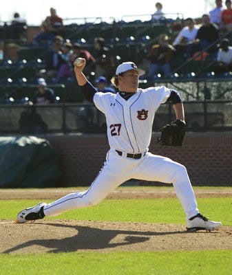 Justin Camp pitches for Auburn vs. Indiana State Sunday, Feb. 24, 2013 in Auburn, AL. (Courtesy of Todd Van Emst)