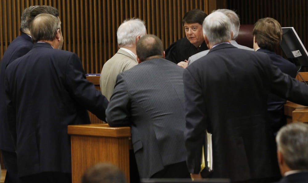 Attorneys for both sides talk to Judge Jacob Walker during Alabama Speaker Mike Hubbard Trial on Thursday, June 9, 2016  in Opelika, Ala.Todd J. Van Emst/Opelika-Auburn News/Pool