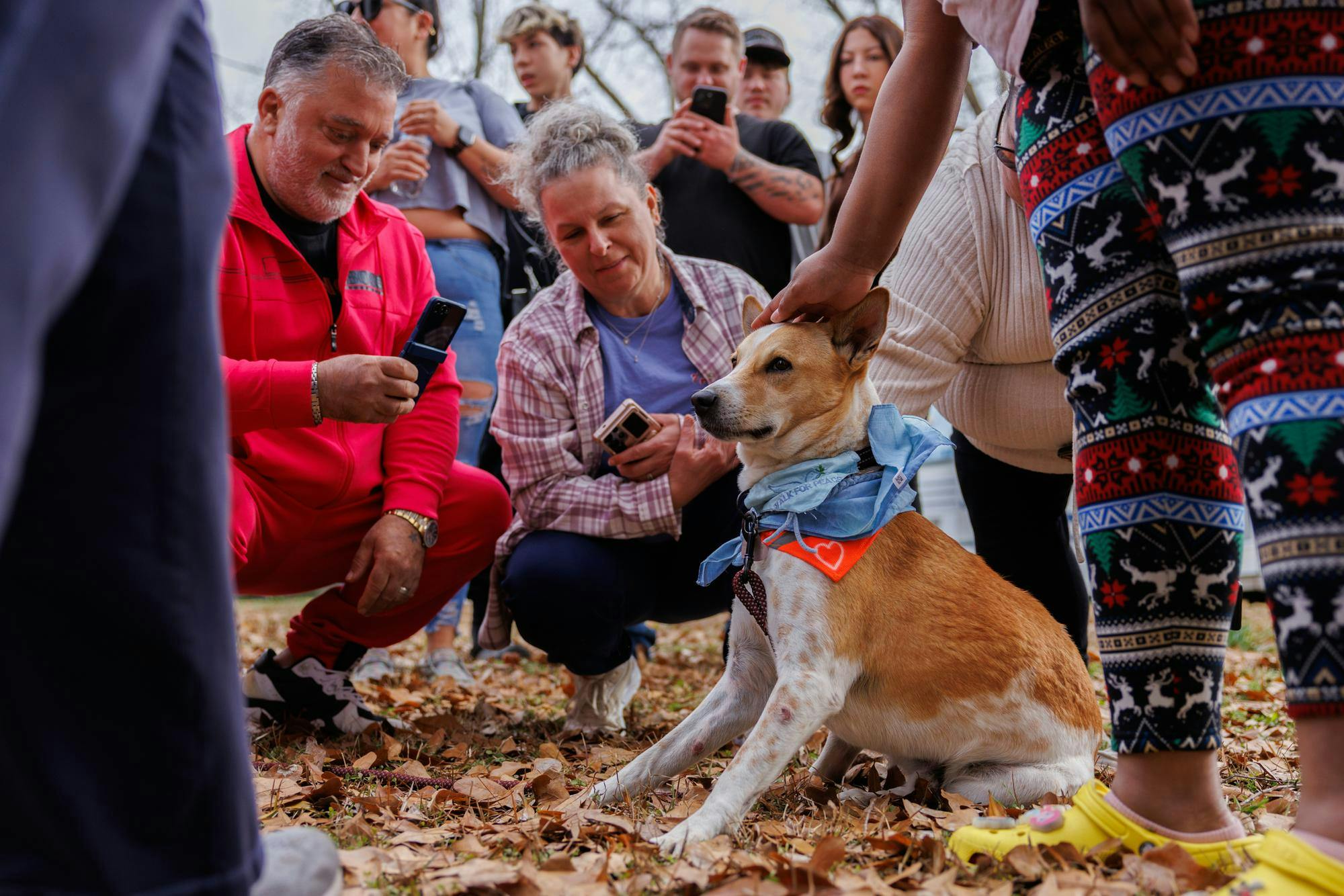 Due to a heart shaped marking, Aloka is known as the peace dog and is walking the 2,300 mile pilgrimage with the venerable monks. He helps spread messages of compassion and kindness and has become a symbol of resilience. People waited their turn to take selfies, pet and sit with Aloka.