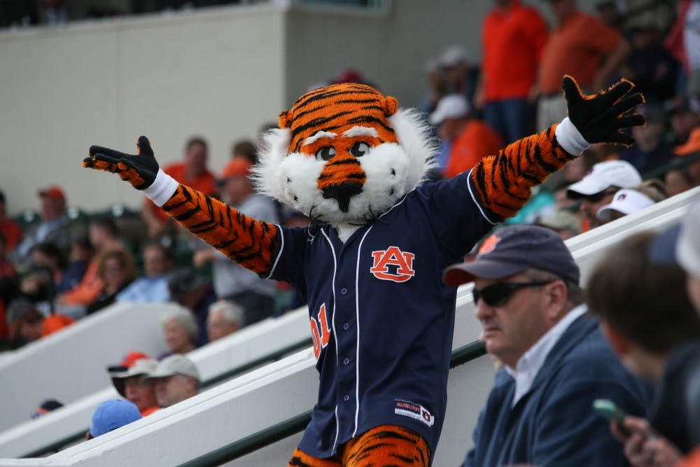 Aubie celebrates in the stands after a home run was hit by Luke Jarvis (9) during Auburn Baseball vs. Arkansas on Sunday, April 23, 2017 in Auburn, Ala.&nbsp;