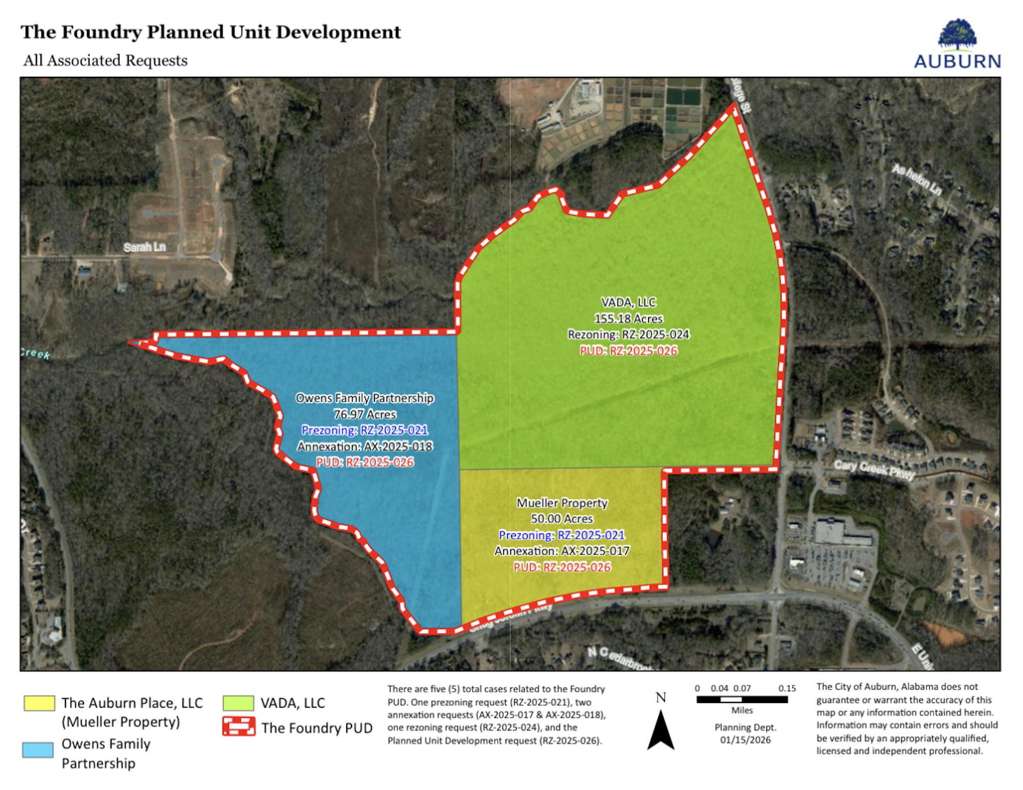 A map of the annexed, pre-zoned and re-zoned areas of The Foundry development site. The green represents VADA, LLC, blue represents Owens Family Partnership, LLC and the yellow represents The Auburn Place, LLC.