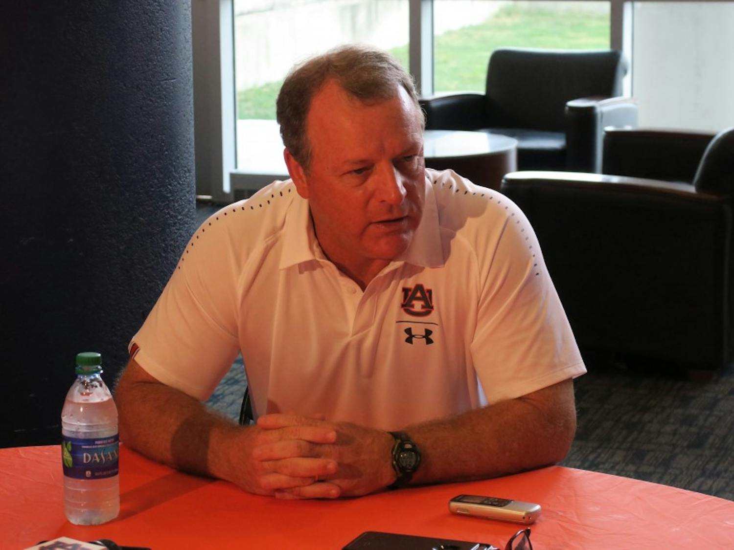 Auburn running backs coach Tim Horton being interviewed on August 16, 2018, in Auburn, Ala.