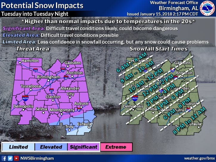 Auburn is included in a "significant" impact area, which includes much of the rest of the state, ahead of a winter weather event on Tuesday, Jan. 16, 2018.