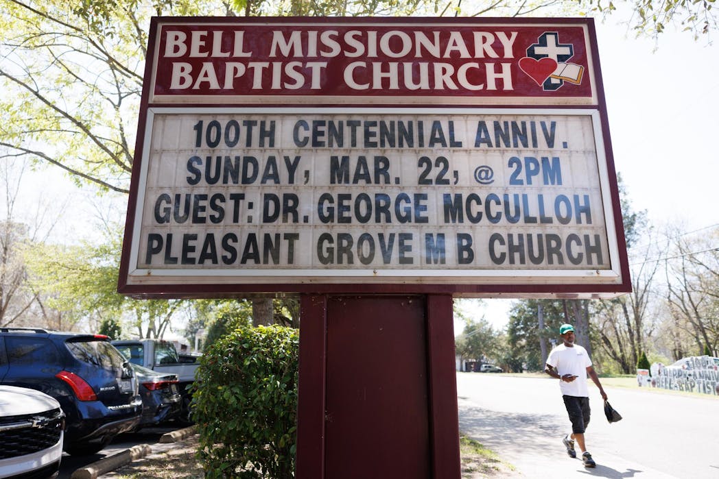 The Bell Missionary Baptist Church displays a sign explaining the 100th anniversary of the church on Sunday, March 22, 2026 in Auburn, Ala.