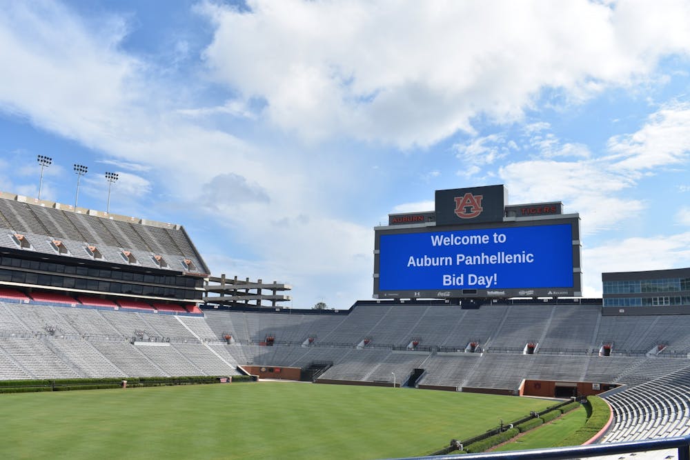 <p>The videoboard in Jordan-Hare Stadium displays a welcome message for students participating in Bid Day on Aug. 15, 2020, in Auburn, Ala.</p>