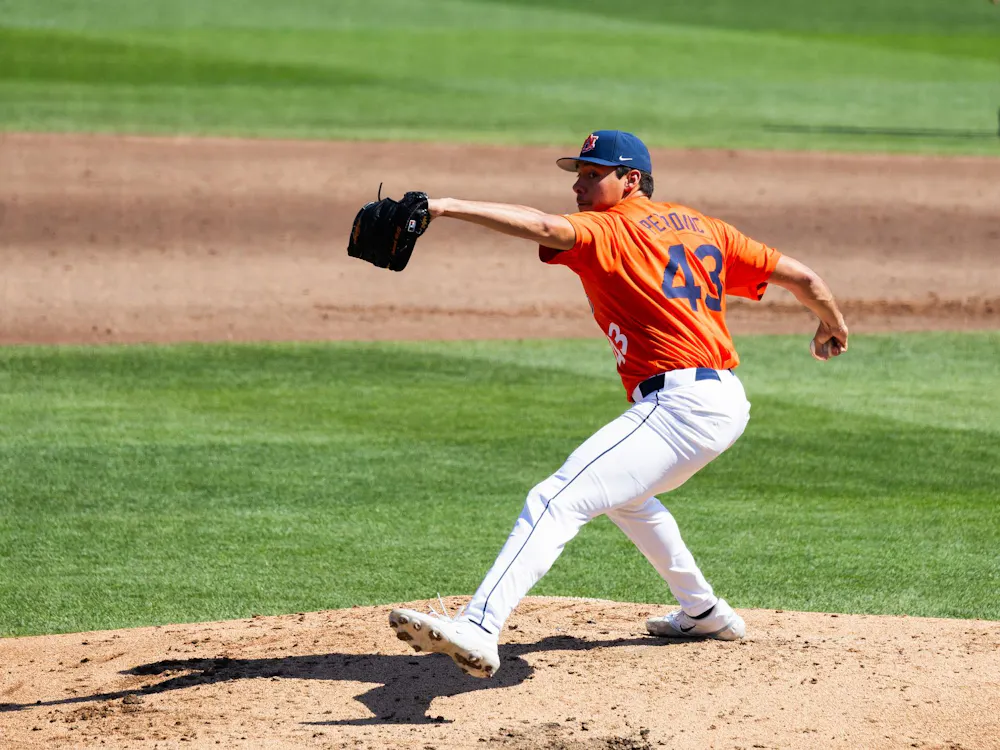 Alex Petrovic pitching against Texas on March. 22, 2026.