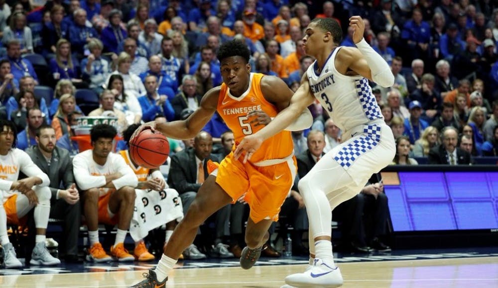 <p>Admiral Schofield (5) drives the ball during Tennessee vs. Kentucky on March 16, 2019, Nashville, Tenn. Via Tennessee athletics/@Vol_Hoops on Twitter.</p>