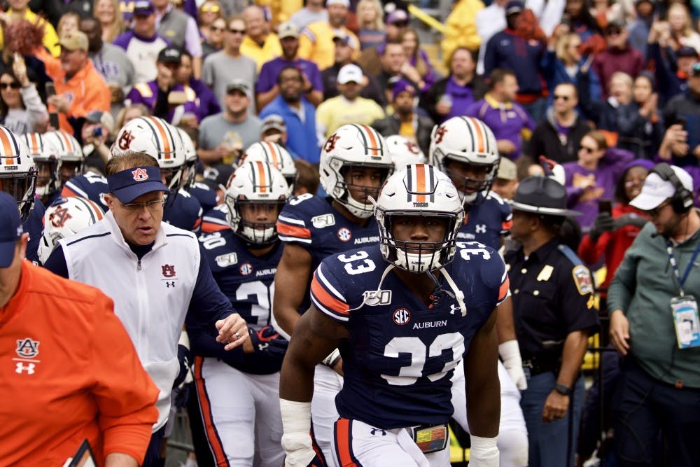 <p>The Auburn Tigers run out on the field during the Auburn vs. LSU game Saturday Oct. 26, 2019, in Baton Rogue, La.</p>