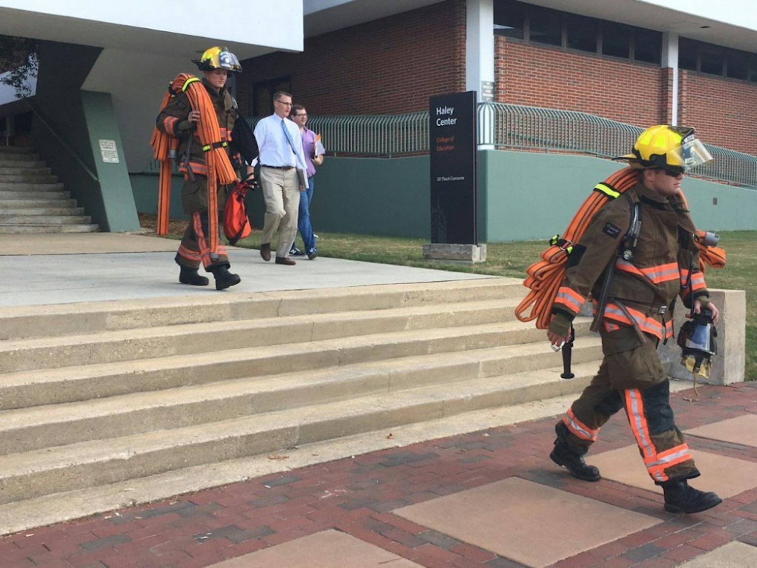 Auburn firefighters leave the Haley Center after a false alarm on Tuesday, Sept. 20.&nbsp;