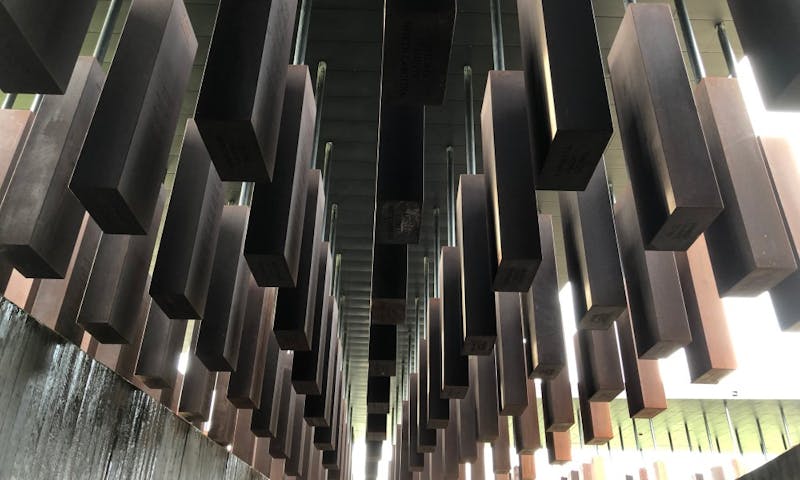 Markers hang from the National Memorial for Peace and Justice in Montgomery, Ala. The memorial honors the victims of racial lynching across the United States.