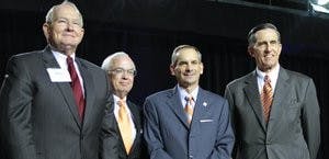 VCOM President James Wolfe; Jimmy Sanford, chair of the Auburn Research and Technology Foundation; John Mason, president of the Auburn Research and Technology Foundation and John Rocovich Jr., chairman of the VCOM Board of Directors attend the grand opening of Auburn's new medical campus. (Rebecca Croomes / PHOTO EDITOR)