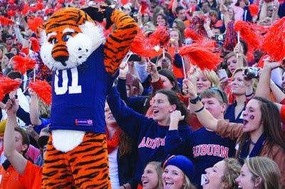 Aubie gets the crowd of Auburn students in Jordan-Hare Stadium pumped up at Saturday's Iron Bowl against the University of Alabama. (Robert E. Lee / ASSISTANT CAMPUS EDITOR)