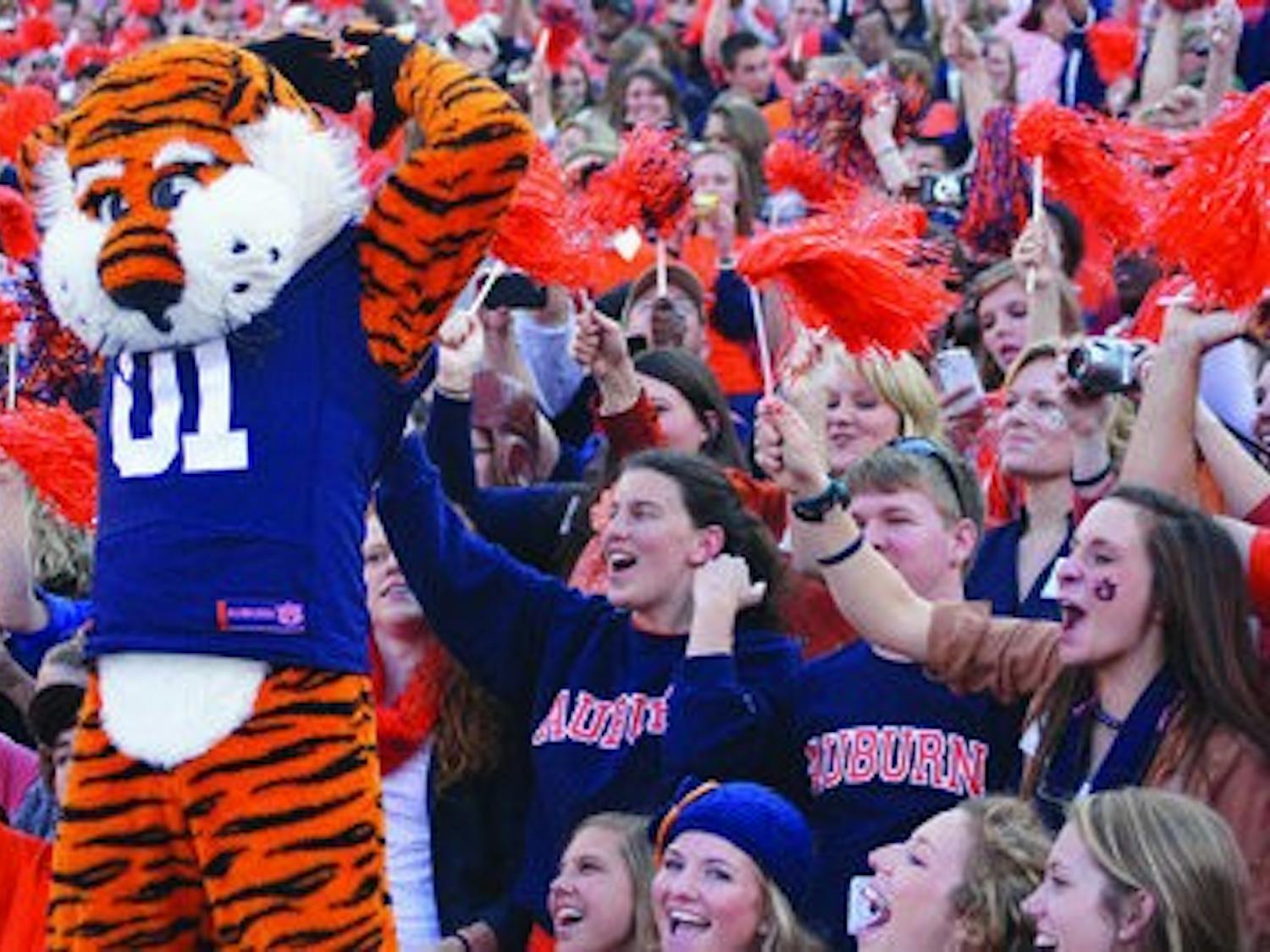 Aubie gets the crowd of Auburn students in Jordan-Hare Stadium pumped up at Saturday's Iron Bowl against the University of Alabama. (Robert E. Lee / ASSISTANT CAMPUS EDITOR)