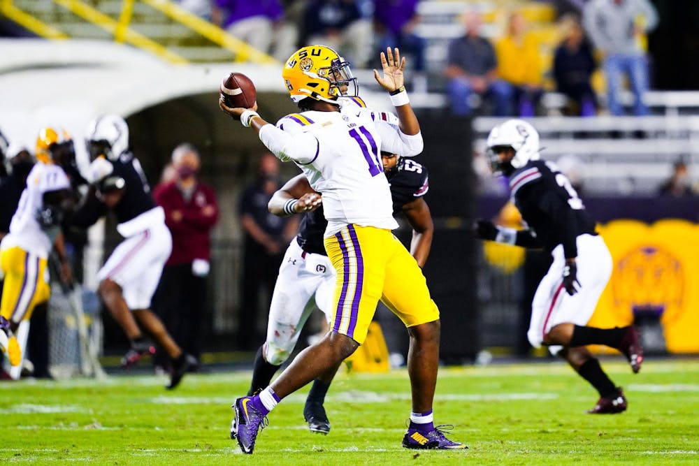 TJ Finley during the first half of a game between LSU and South Carolina at Tiger Stadium in Baton Rouge, Louisiana on Saturday, Oct. 24, 2020.(Photo by: Chris Parent / LSU Athletics)