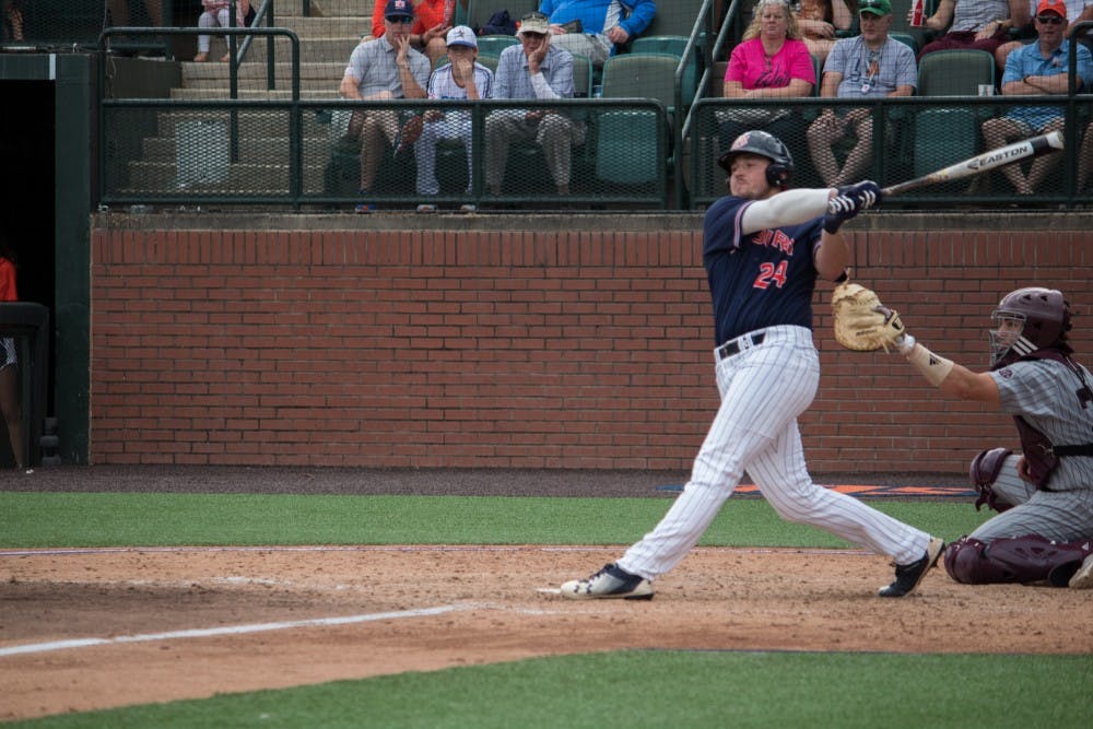 Conor Davis (24) bats&nbsp;for Auburn Baseball against Mississippi State on Saturday, April 14, 2018, in Auburn, Ala.