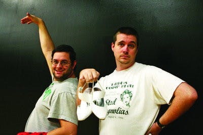 Michael Prickett (left) and Jason Lehman strike poses as they prepare for their shared role as Edna Turnblad. (Rebecca Croomes / ASSISTANT PHOTO EDITOR)