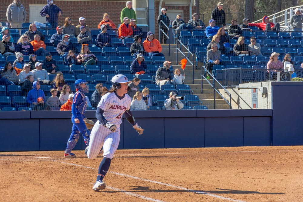 <p>Feb. 13, 2022; Auburn, Ala; Jessie Blaine (22) runs the bases during a game against UMass Lowell during the Tiger Invitational at Jane B. Moore Field.</p>