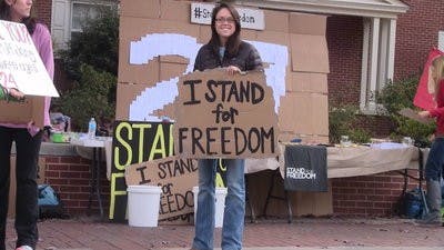 The participants of the Stand For Freedom took advantage of their time by talking to students about International Justice Mission and the things its members stand for. (Austin Lankford / WRITER)