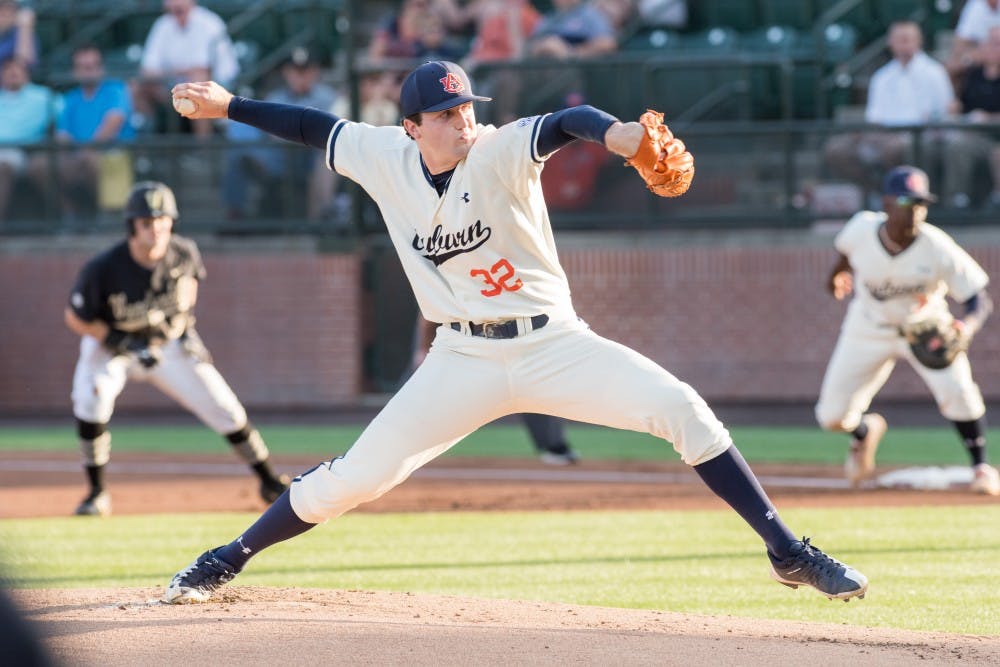 Casey Mize pitches&nbsp;during Auburn vs. Vanderbilt baseball on Friday, May 4, 2018, in Auburn, Ala.