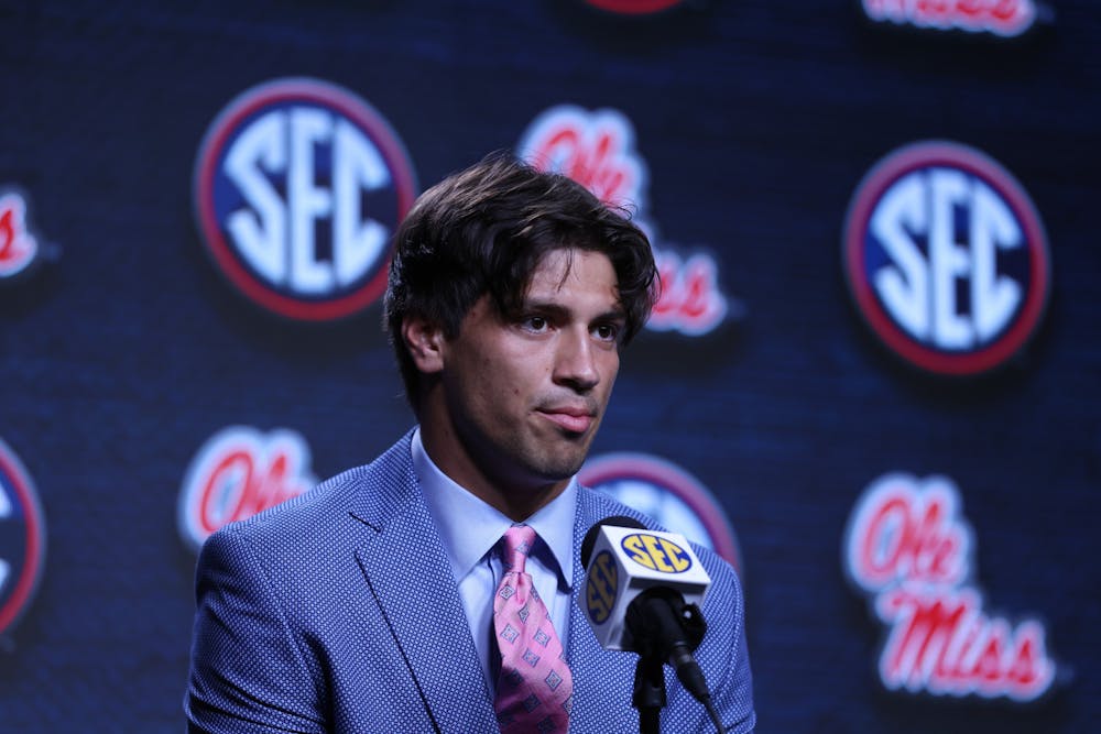 Ole Miss quarterback Matt Corral speaks to the media during the 2021 SEC Football Kickoff Media Days on July 20,2021 at the Wynfrey Hotel,Hoover,Alabama. (Jimmie Mitchell/SEC)