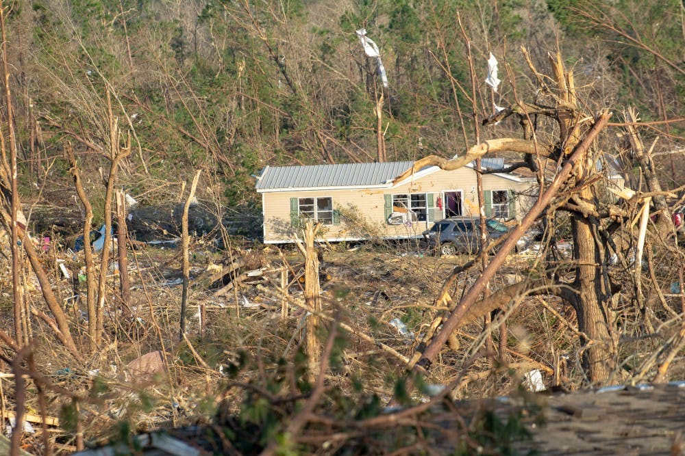 Trees are split in half and homes severely damaged and destroyed on March 4, 2019, in Beauregard, Alabama, after a tornado killed 23 people and left dozens of other injured and without homes. 