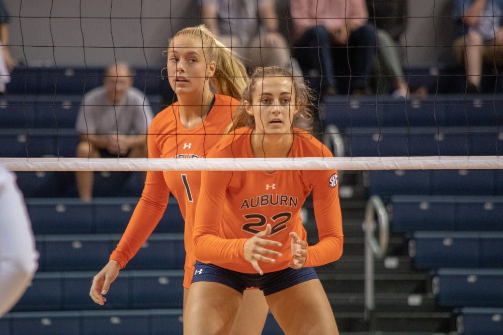 Anna Stevenson (22) waits for the ball to be served during Auburn Volleyball vs. Michigan on Saturday, Aug. 25, 2018, in Auburn, Ala.