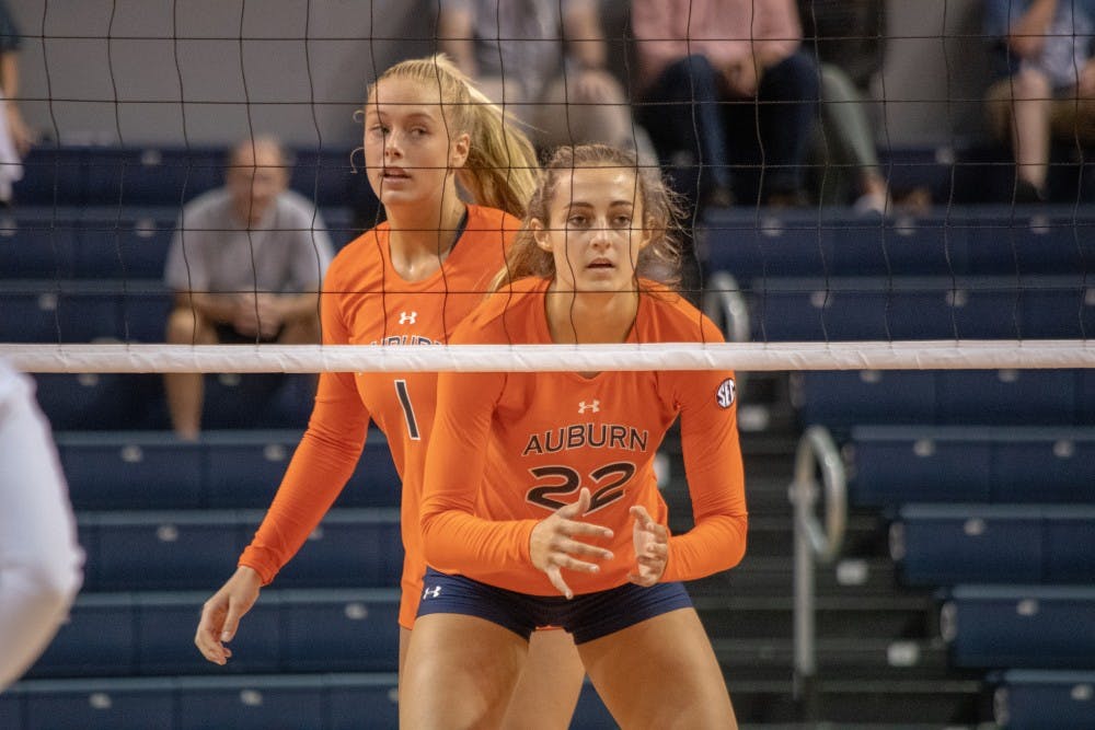 <p>Anna Stevenson (22) waits for the ball to be served during Auburn Volleyball vs. Michigan on Saturday, Aug. 25, 2018, in Auburn, Ala.</p>