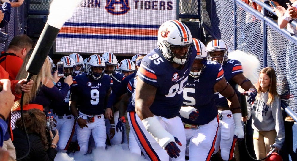 <p>Auburn Football runs on the field during the Auburn vs. Texas A&amp;M game Saturday Nov. 3, 2018, in Auburn, Ala.&nbsp;</p>