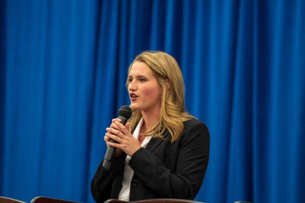 <p>Kate Dorsten candidate for Miss Auburn speaks during the SGA candidate debates, on Monday, Feb. 4, 2019, in Auburn, Ala.</p>