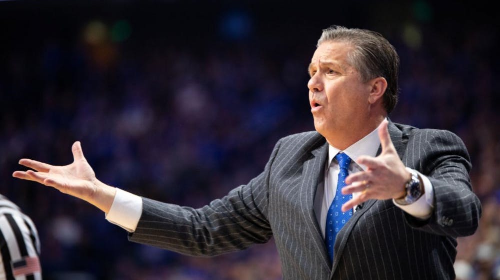 <p>Kentucky head coach John Calipari reacts to a play during the game against Vanderbilt on Saturday, Jan. 12, 2019, at Rupp Arena in Lexington, Kentucky. Kentucky won with a final score of 56-47. Photo courtesy of Jordan Prather, staff photographer for the Kentucky Kernel.</p>