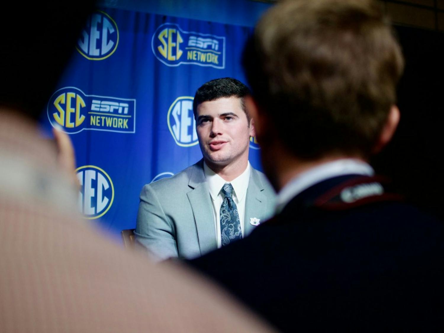 Jarrett Stidham&nbsp;answers a question during an interview at SEC Media Days in the College Football Hall of Fame on Thursday, July 19, 2018 in Atlanta, Ga.
