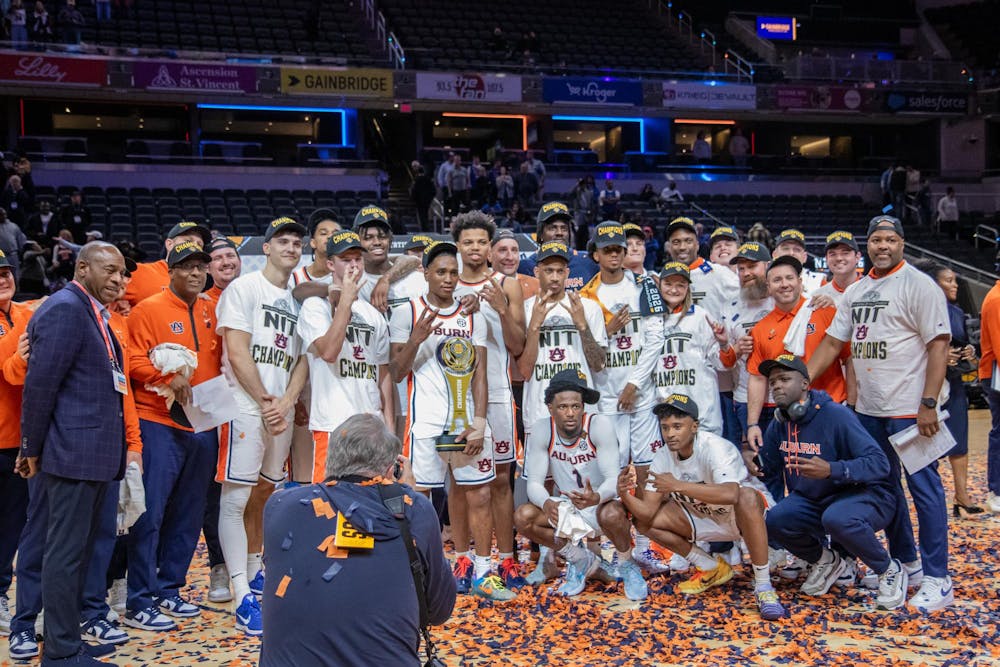 <p>Auburn celebrates winning the NIT championship against Tulsa in Gainbridge Fieldhouse in Indianapolis, Ind on April 5, 2026.</p>