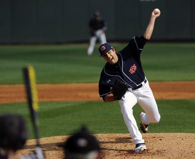 Sophomore pitcher Will Kendall pitches against Miss St. March 31. (Courtesy of Todd Van Emst)