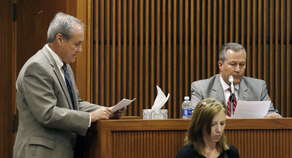<p>Mike Hubbard answers questions from defense lawyer David McKnight on Wednesday, June 8, 2016  in Opelika, Ala.Todd J. Van Emst/Opelika-Auburn News/Pool</p>